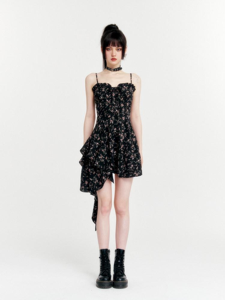 VOCK Romantic Floral Asymmetrical Cinched Waist Women's Polyester Slip Midi Dresses