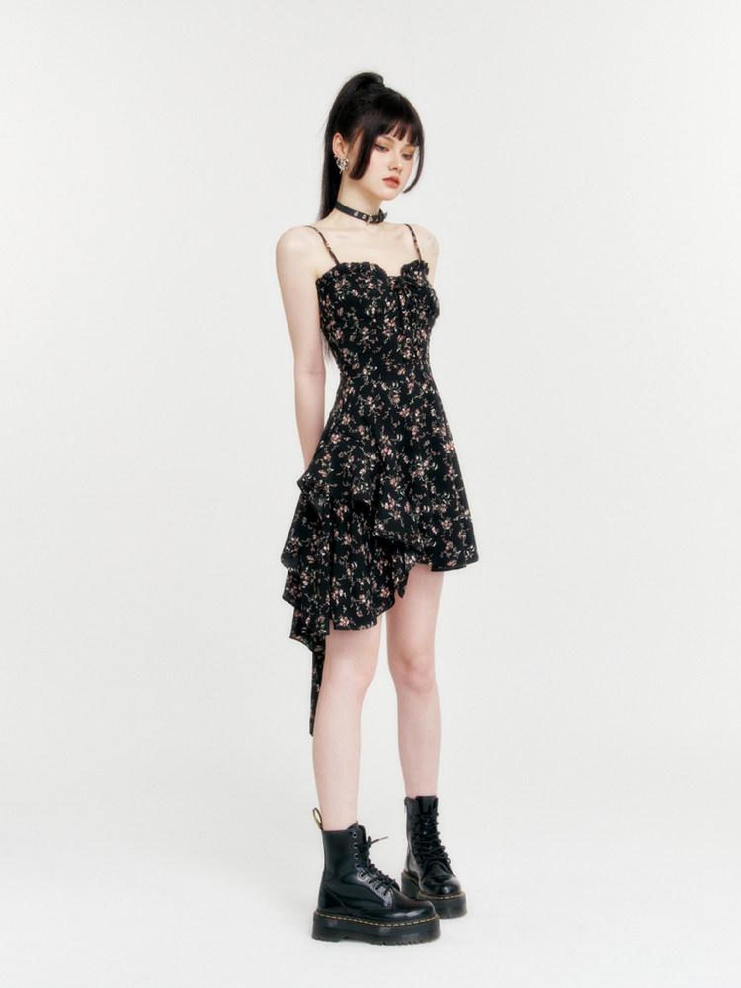 VOCK Romantic Floral Asymmetrical Cinched Waist Women's Polyester Slip Midi Dresses