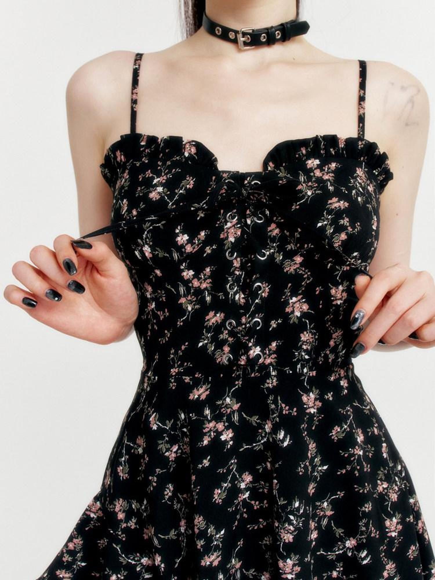 VOCK Romantic Floral Asymmetrical Cinched Waist Women's Polyester Slip Midi Dresses