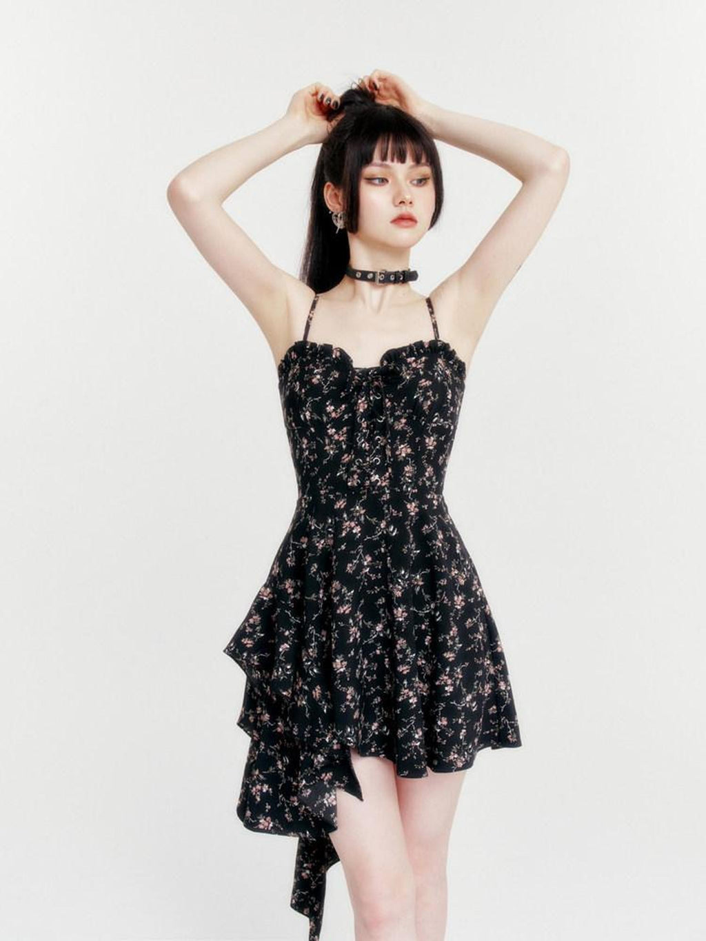 VOCK Romantic Floral Asymmetrical Cinched Waist Women's Polyester Slip Midi Dresses