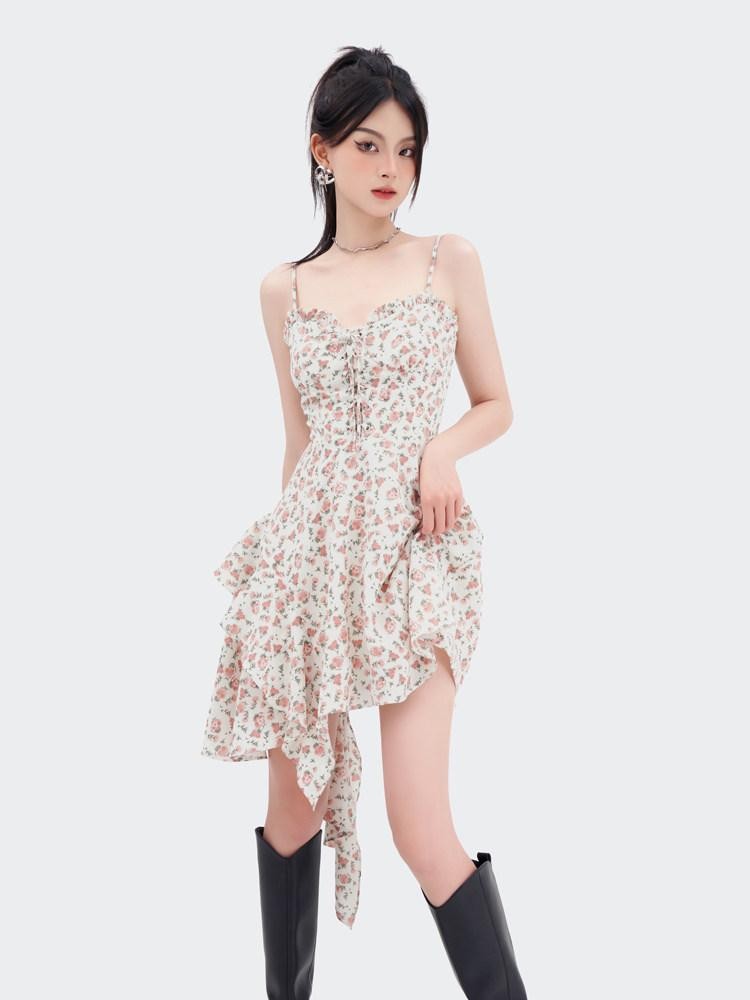 VOCK Romantic Floral Asymmetrical Cinched Waist Women's Polyester Slip Midi Dresses