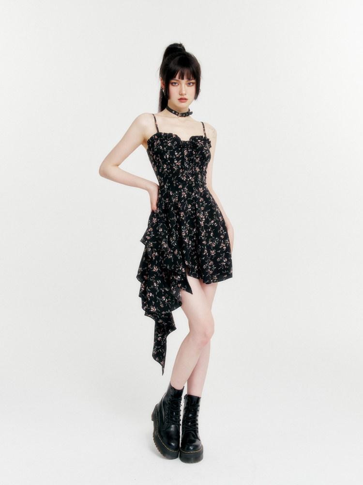 VOCK Romantic Floral Asymmetrical Cinched Waist Women's Polyester Slip Midi Dresses