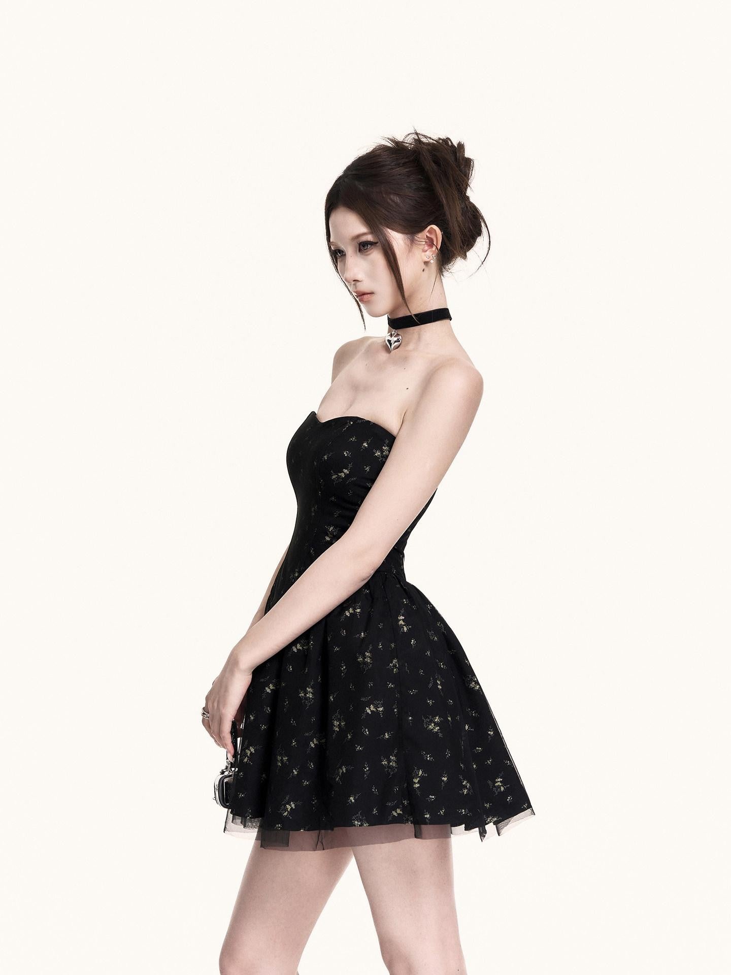 VOCK Romantic Floral Tulle Boned Strapless Women's Polyester Tube Mini Dresses