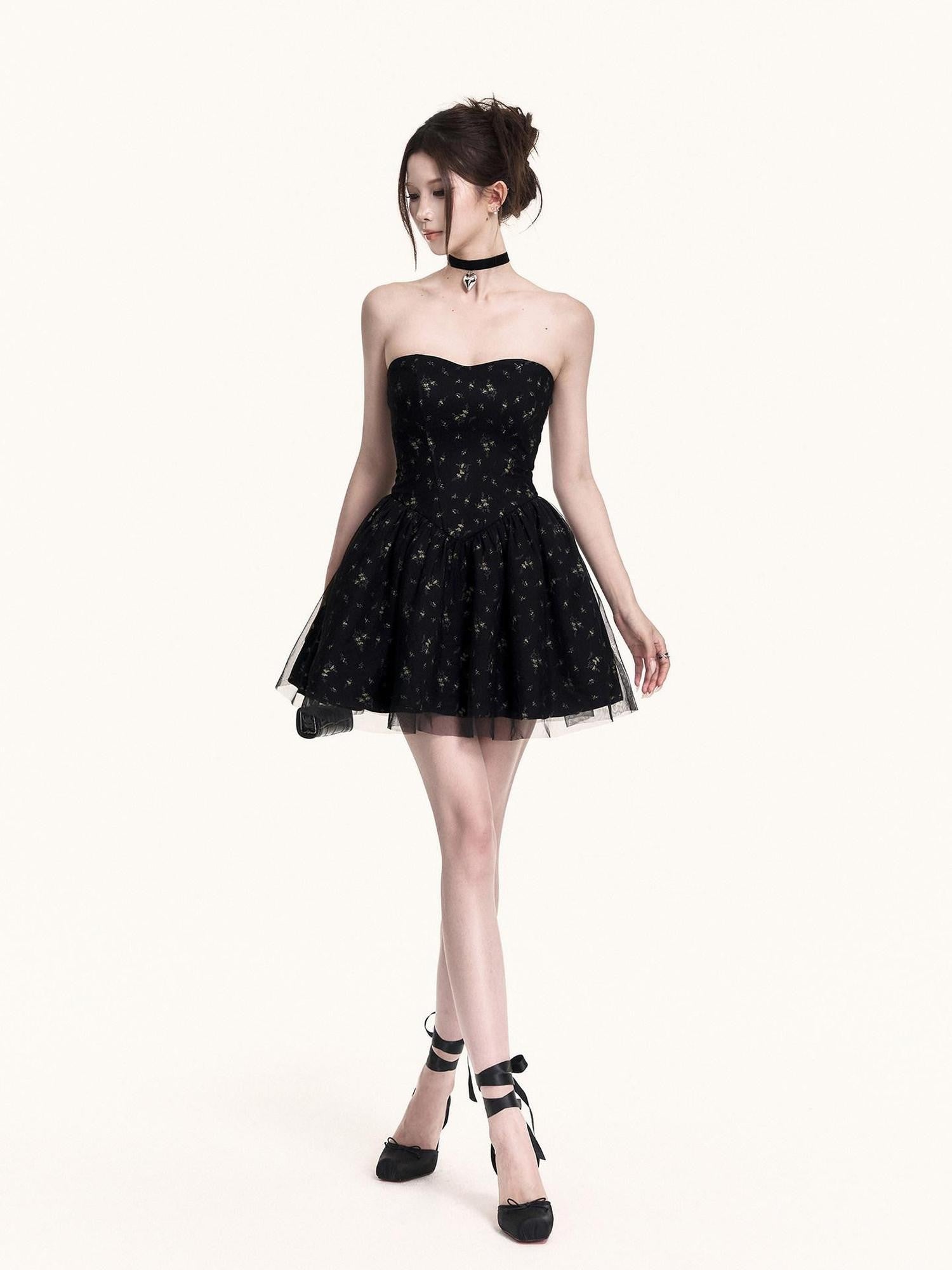 VOCK Romantic Floral Tulle Boned Strapless Women's Polyester Tube Mini Dresses