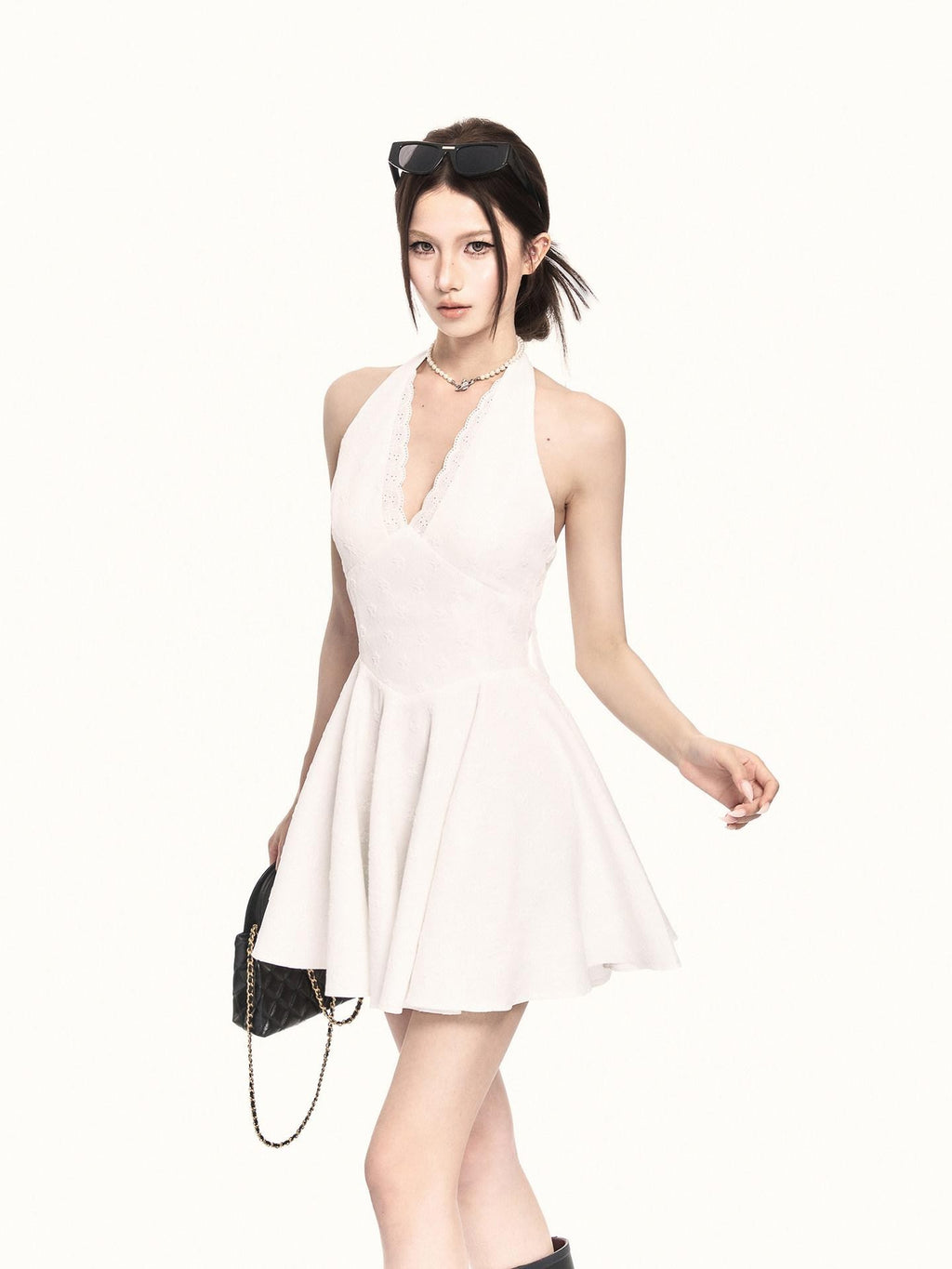 VOCK Rose Jacquard Lace V-neck Backless Cinched Waist Women's Polyester Halter Tops