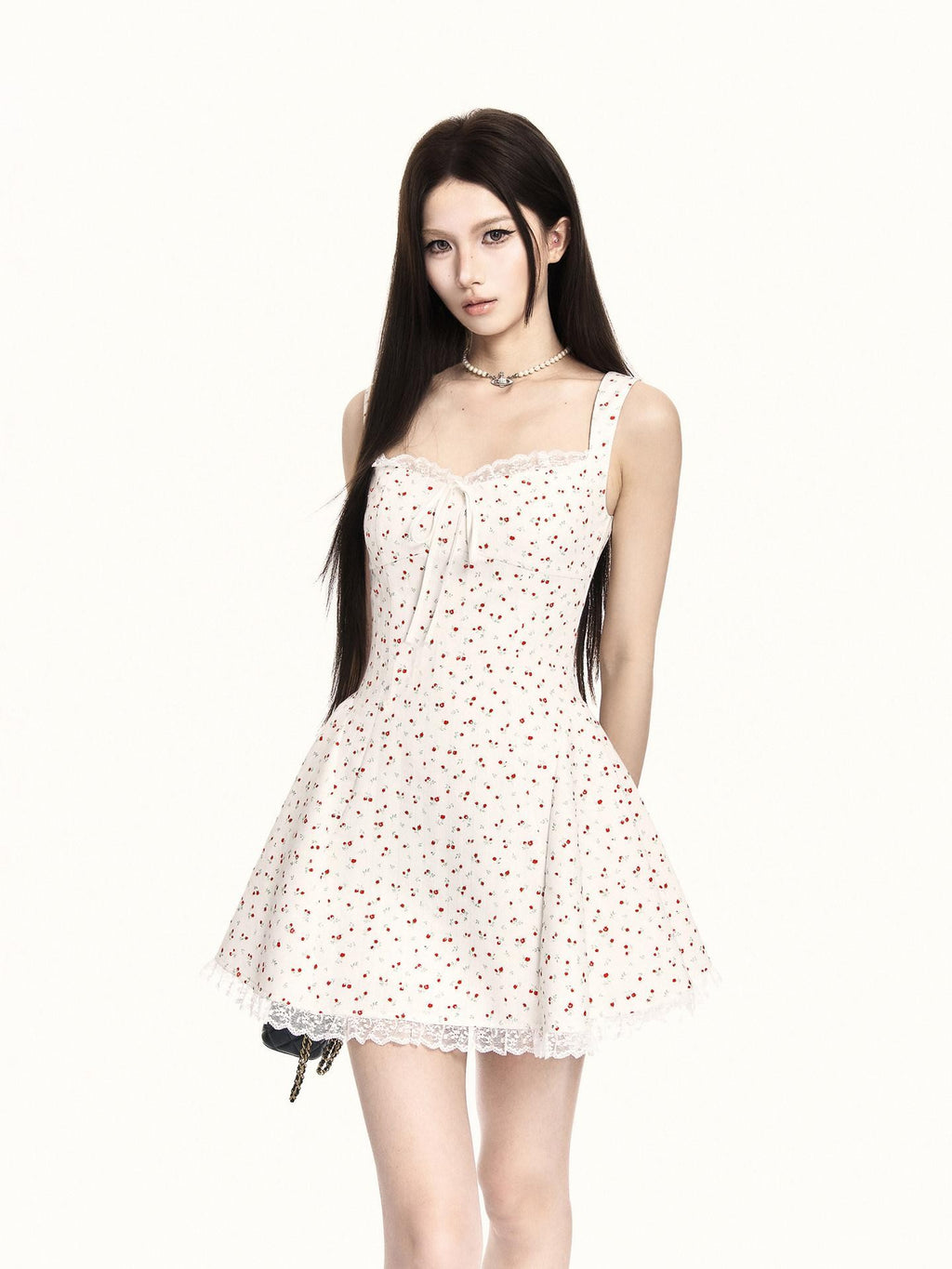 VOCK Rose Print Lace Cami Cinched Waist Puffed Women's Cotton Slip Mini Dresses