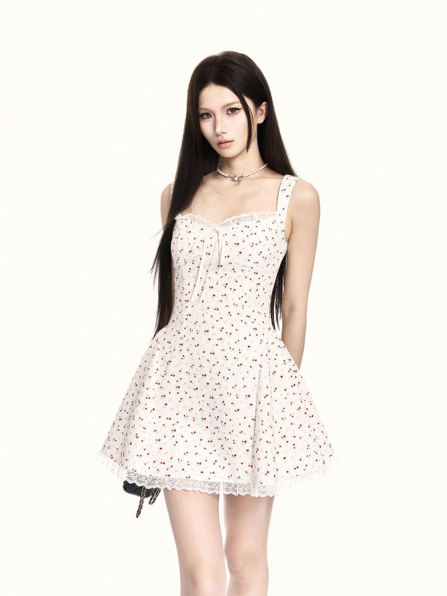 VOCK Rose Print Lace Cami Cinched Waist Puffed Women's Cotton Slip Mini Dresses