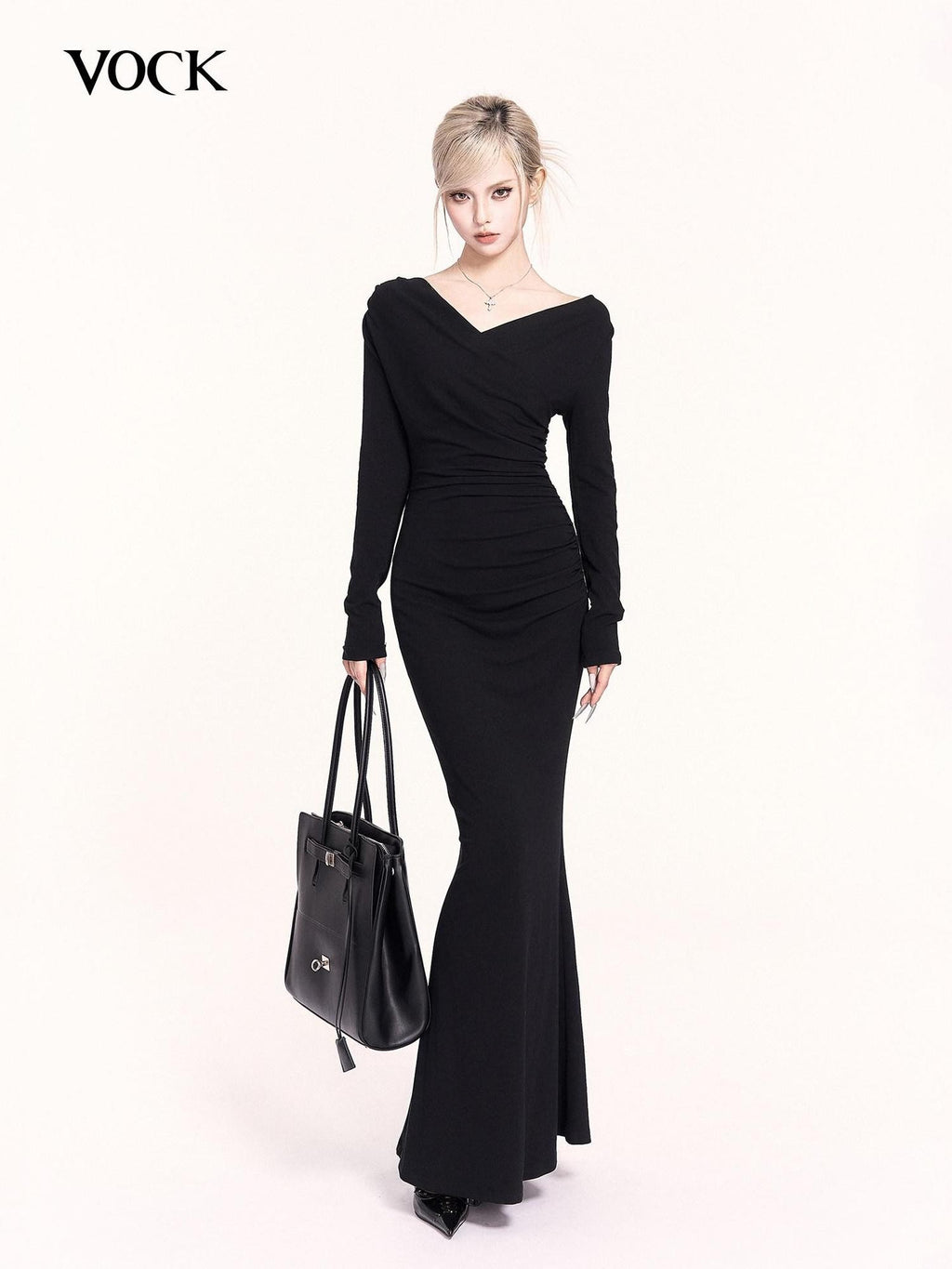 VOCK Ruched Mermaid V-neck Long Sleeve Women's Cotton Blend Bodycon Maxi Dresses