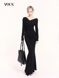 VOCK Ruched Mermaid V-neck Long Sleeve Women's Cotton Blend Bodycon Maxi Dresses