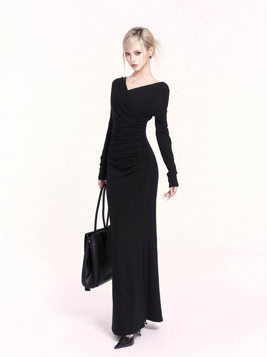 VOCK Ruched Mermaid V-neck Long Sleeve Women's Cotton Blend Bodycon Maxi Dresses