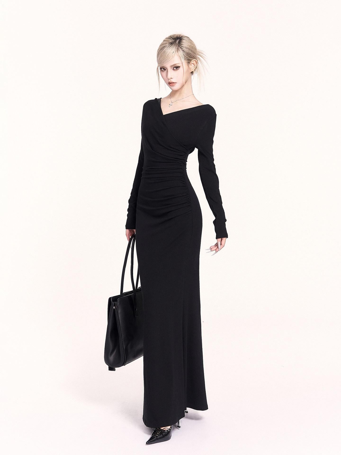 VOCK Ruched Mermaid V-neck Long Sleeve Women's Cotton Blend Bodycon Maxi Dresses