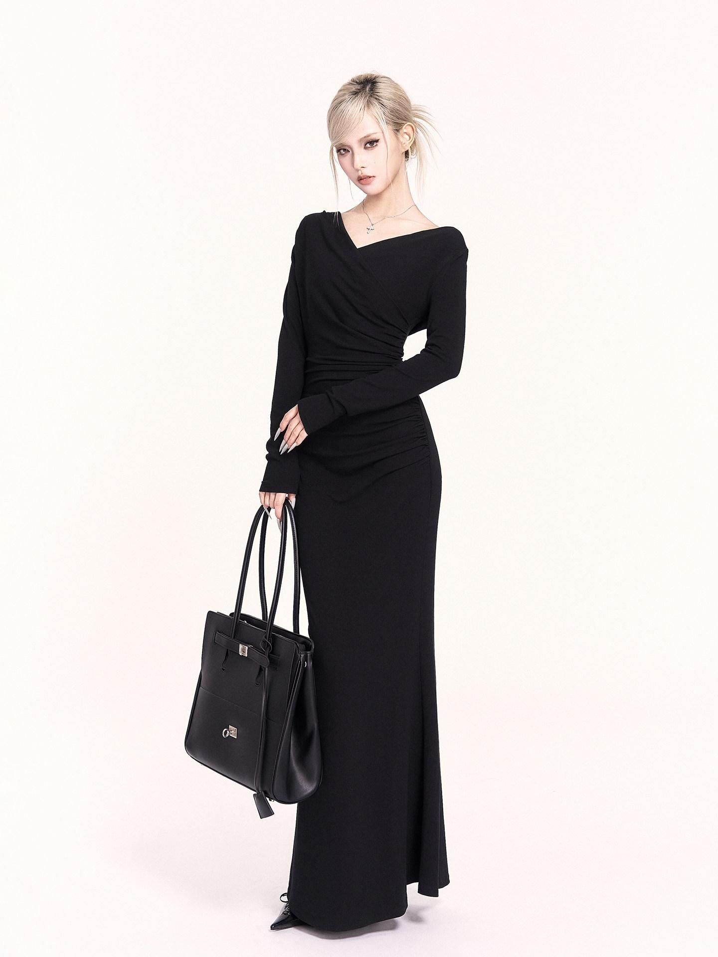 VOCK Ruched Mermaid V-neck Long Sleeve Women's Cotton Blend Bodycon Maxi Dresses