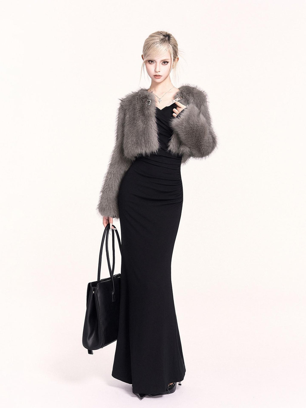 VOCK Ruched Mermaid V-neck Long Sleeve Women's Cotton Blend Bodycon Maxi Dresses