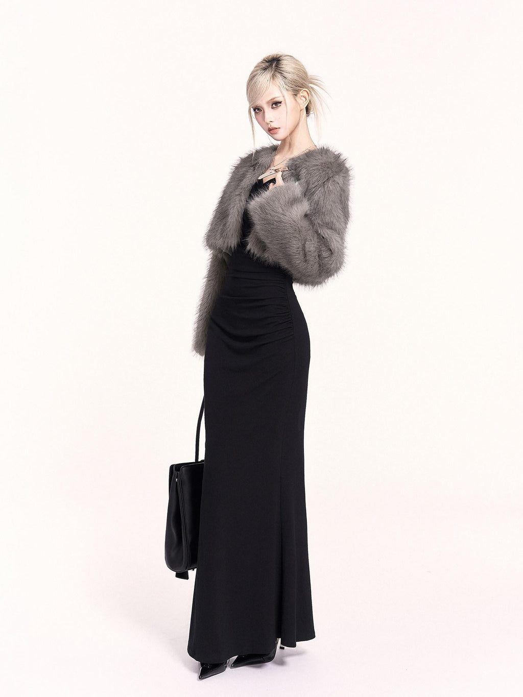 VOCK Ruched Mermaid V-neck Long Sleeve Women's Cotton Blend Bodycon Maxi Dresses