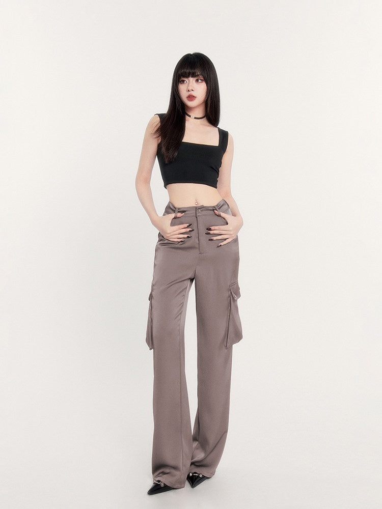 VOCK_Satin_Drape_High_Waist_Multi_Pocket_Cargo_Women's_Polyester_Straight-leg_Pants_805335237393_MISSTT
