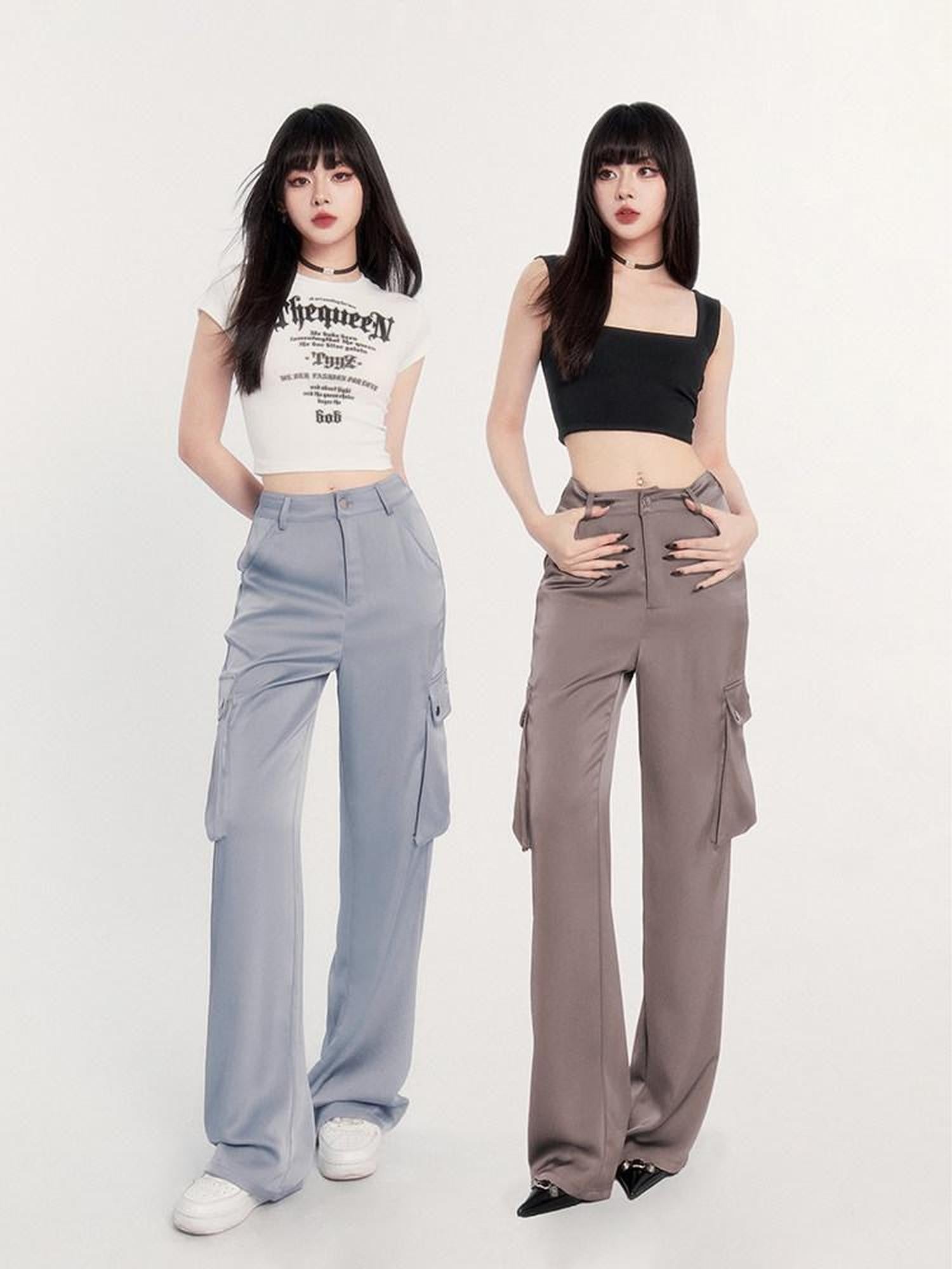 VOCK Satin Drape High Waist Multi Pocket Cargo Women's Polyester Straight-leg Pants