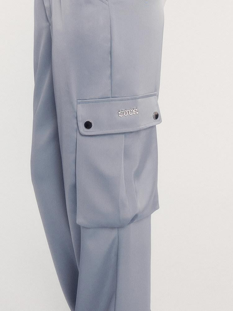 VOCK Satin Drape High Waist Multi Pocket Cargo Women's Polyester Straight-leg Pants