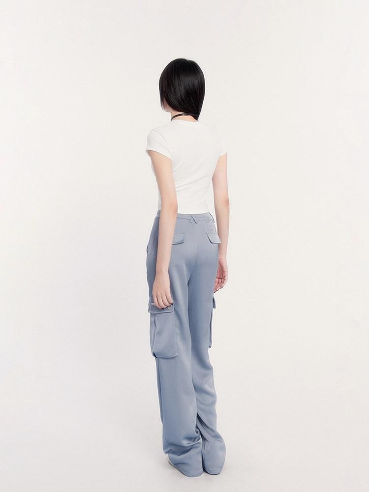 VOCK Satin Drape High Waist Multi Pocket Cargo Women's Polyester Straight-leg Pants
