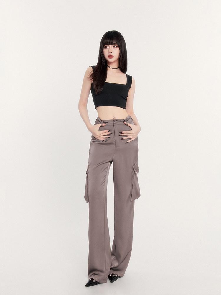 VOCK Satin Drape High Waist Multi Pocket Cargo Women's Polyester Straight-leg Pants