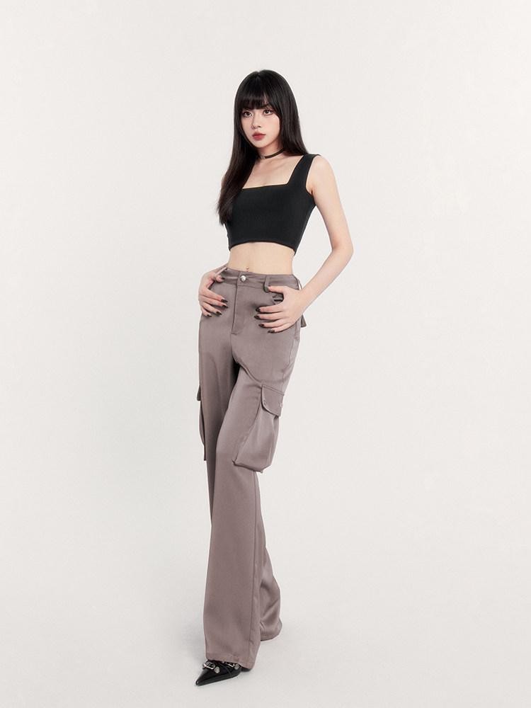 VOCK Satin Drape High Waist Multi Pocket Cargo Women's Polyester Straight-leg Pants