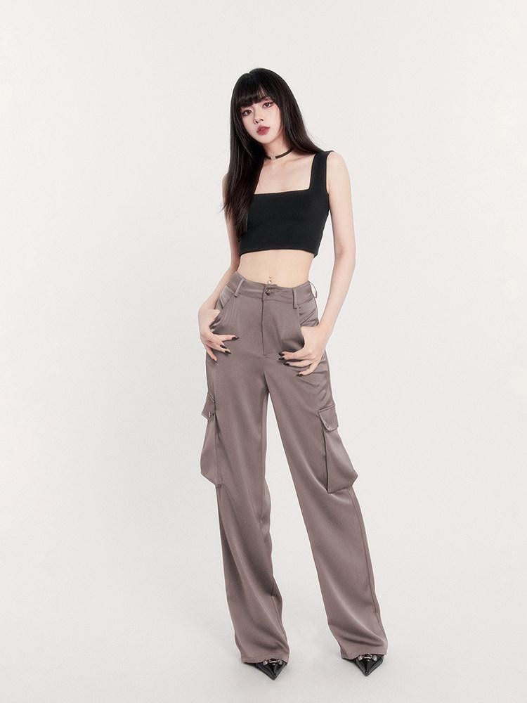 VOCK Satin Drape High Waist Multi Pocket Cargo Women's Polyester Straight-leg Pants