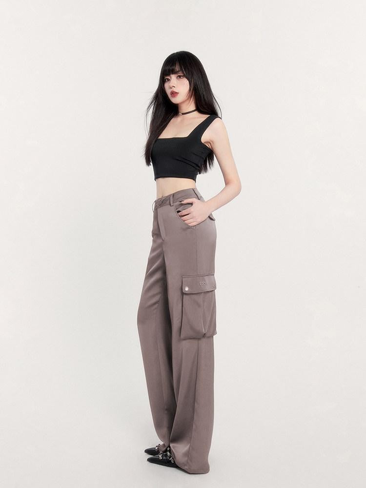 VOCK Satin Drape High Waist Multi Pocket Cargo Women's Polyester Straight-leg Pants