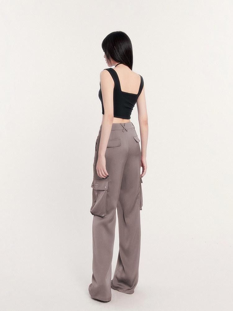 VOCK Satin Drape High Waist Multi Pocket Cargo Women's Polyester Straight-leg Pants