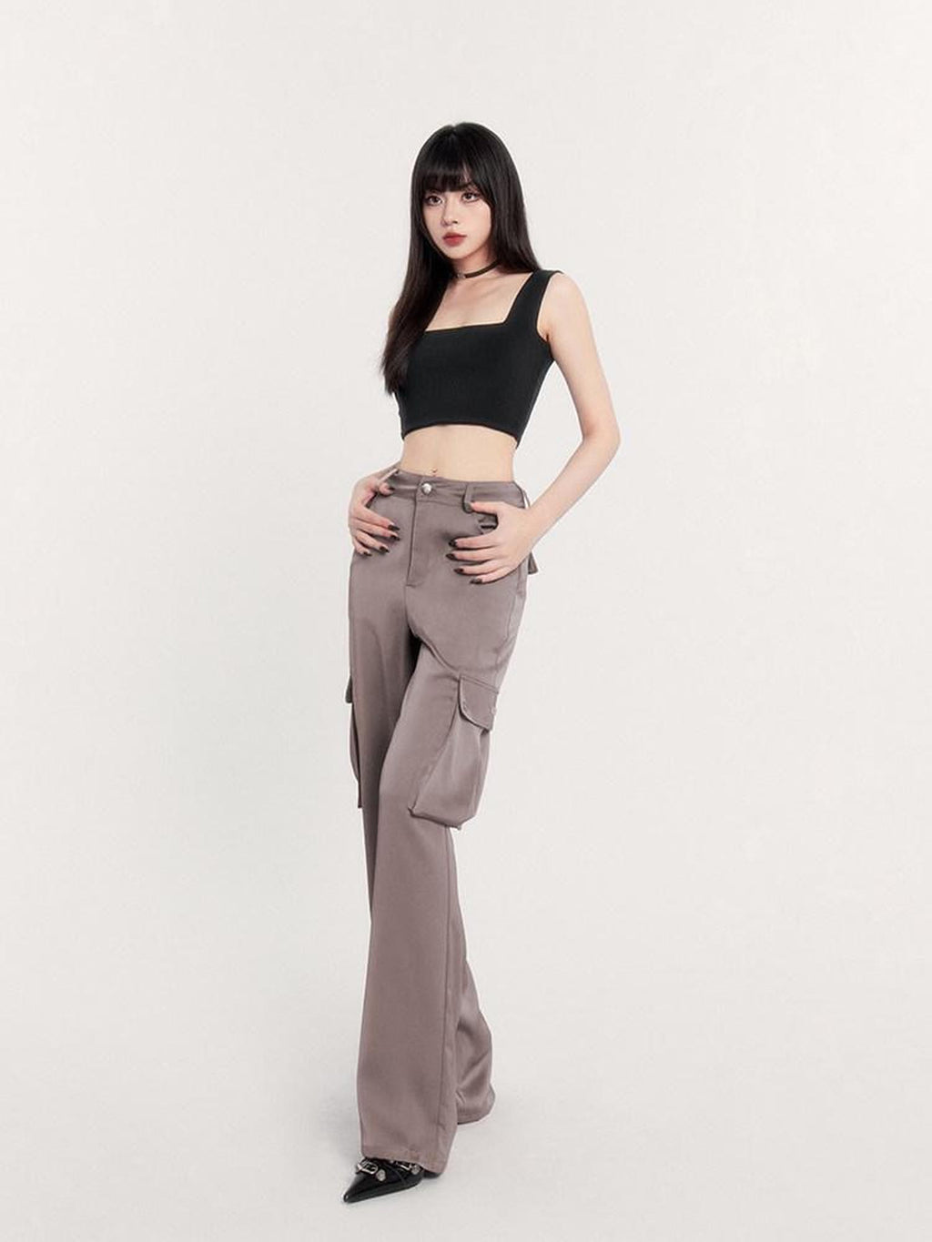 VOCK Satin Drape High Waist Multi Pocket Cargo Women's Polyester Straight-leg Pants
