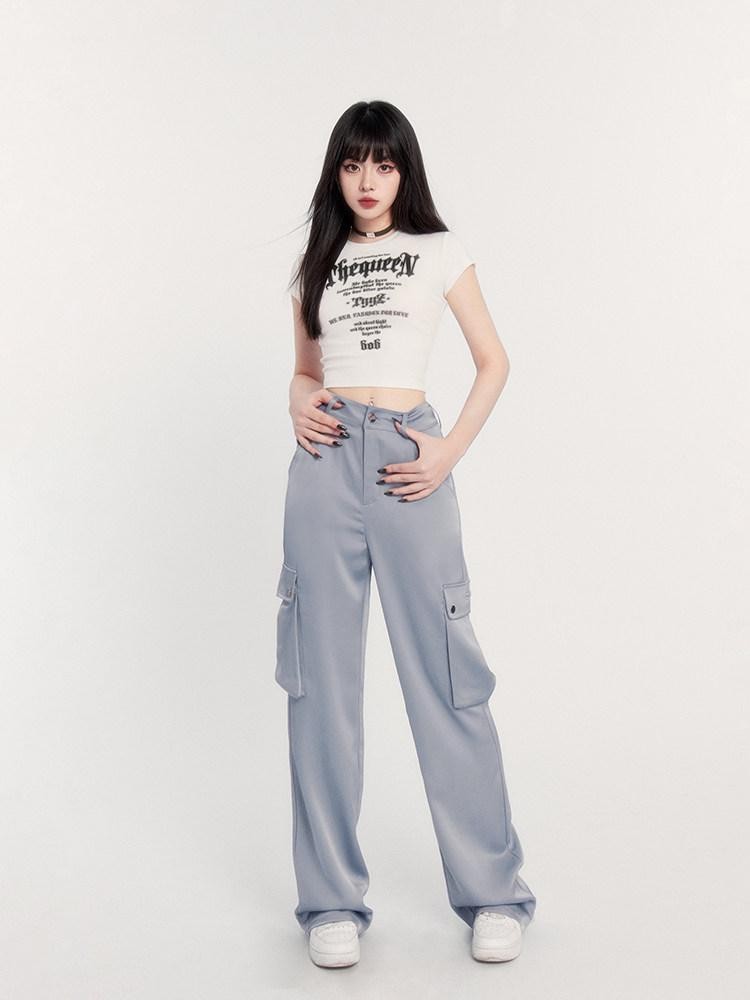 VOCK Satin Drape High Waist Multi Pocket Cargo Women's Polyester Straight-leg Pants