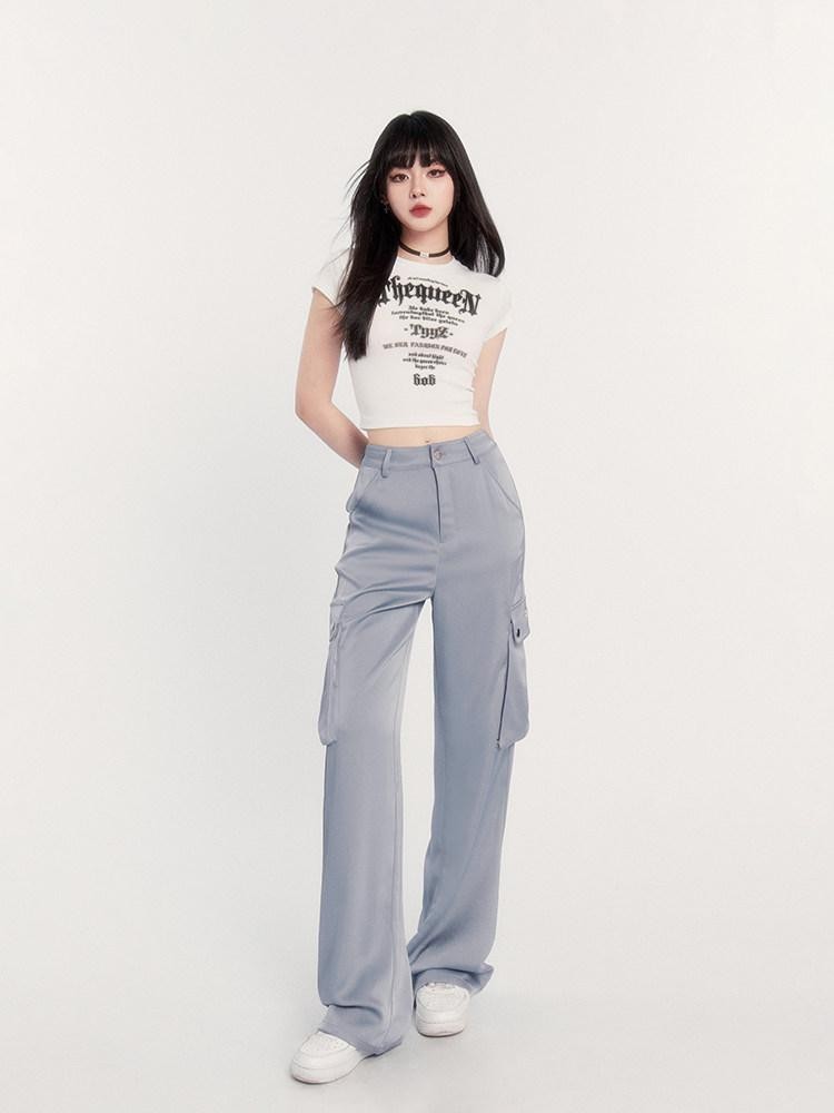 VOCK Satin Drape High Waist Multi Pocket Cargo Women's Polyester Straight-leg Pants