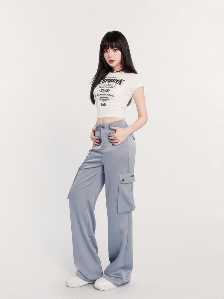 VOCK Satin Drape High Waist Multi Pocket Cargo Women's Polyester Straight-leg Pants