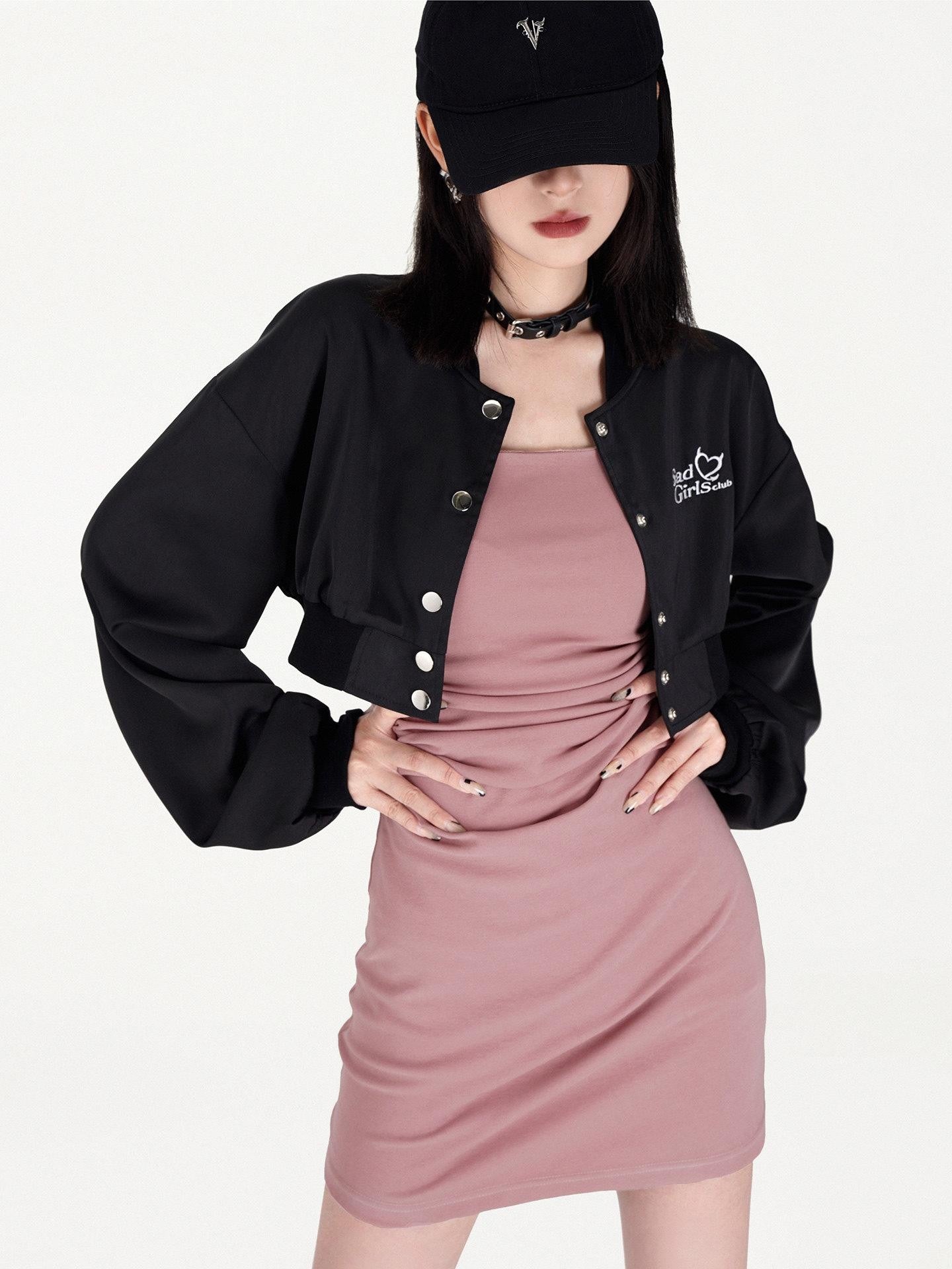 VOCK Satin Embroidered Lettering Women's Breathable Polyester Blend Cropped Jackets