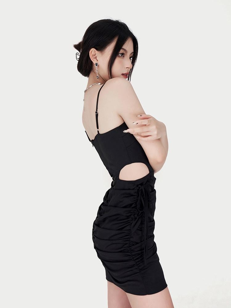 VOCK Satin Ruched Cutout High Waist Women's Polyester Bodycon Mini Dresses