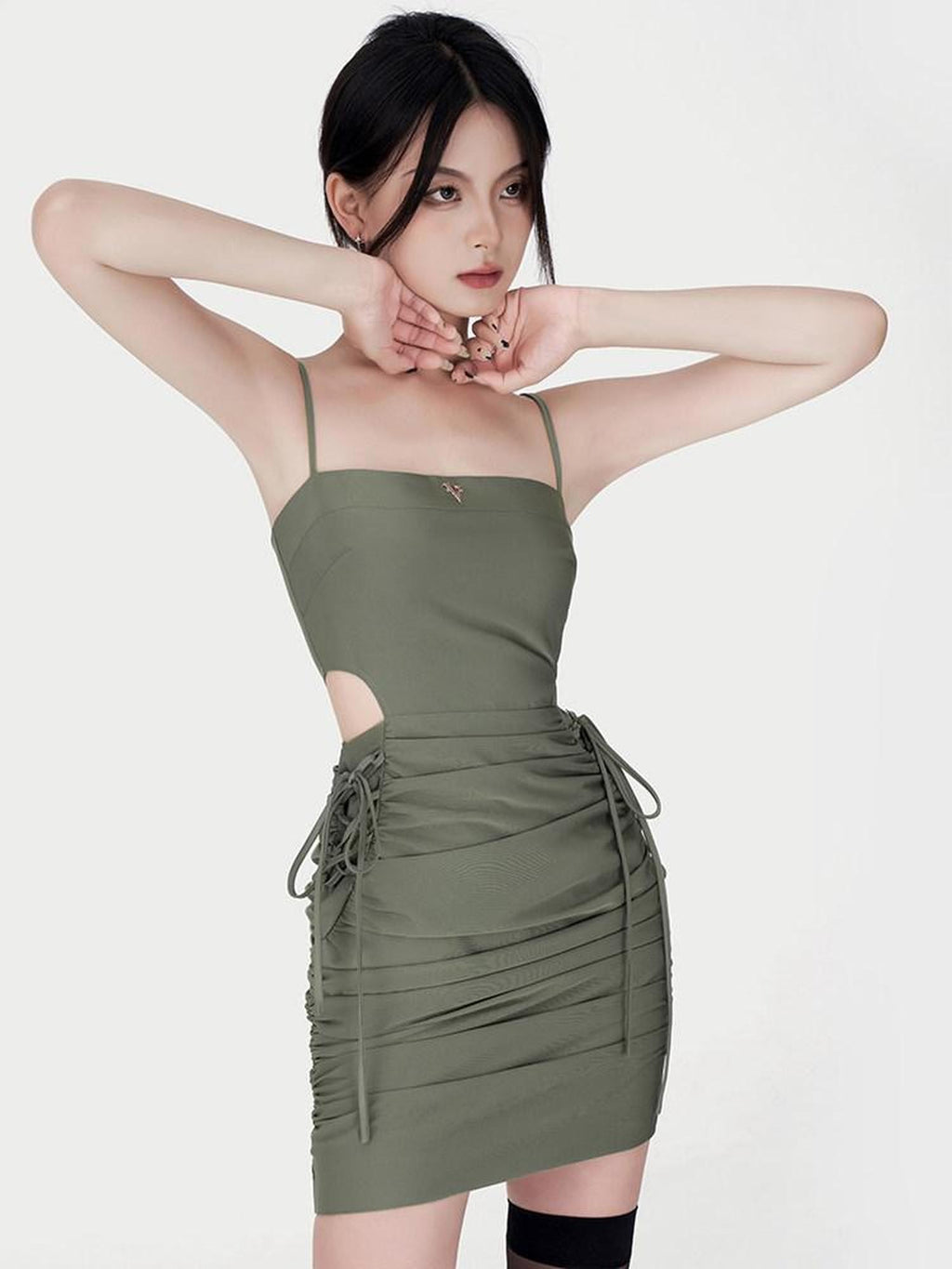 VOCK Satin Ruched Cutout High Waist Women's Polyester Bodycon Mini Dresses