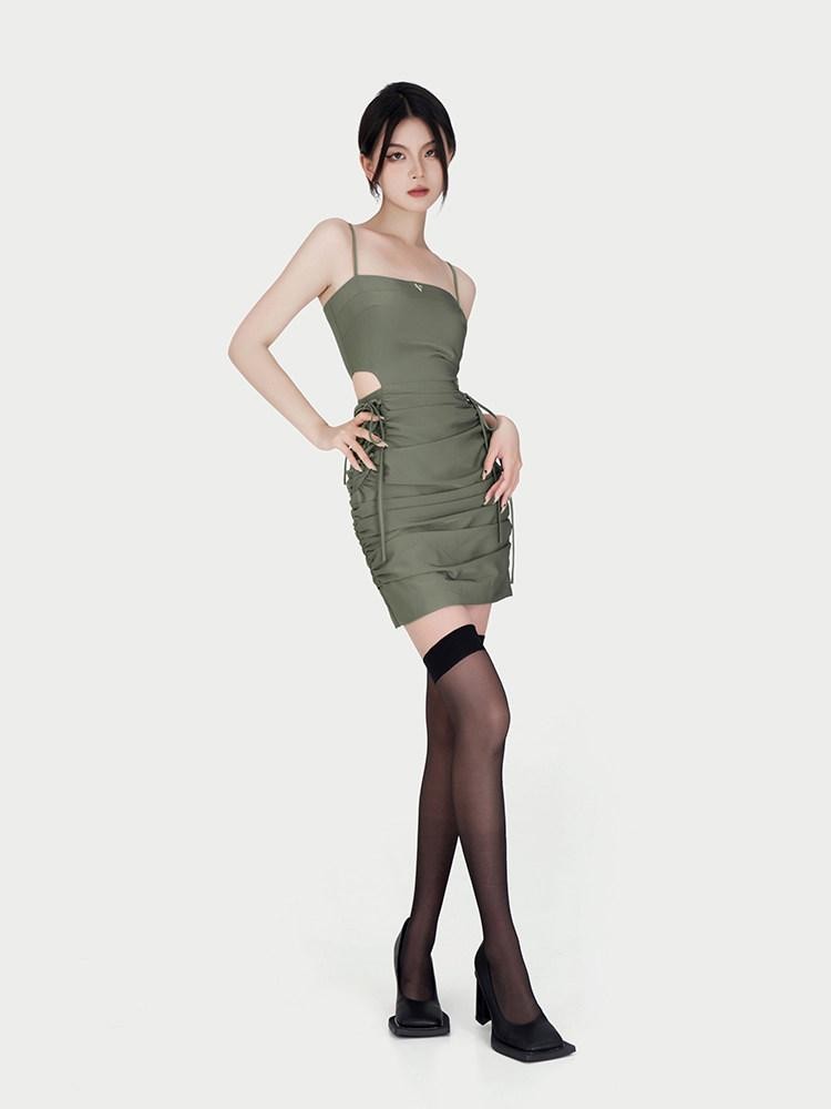 VOCK Satin Ruched Cutout High Waist Women's Polyester Bodycon Mini Dresses