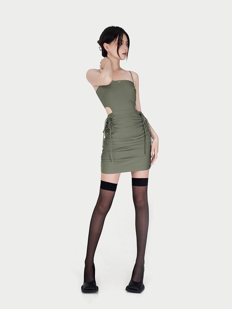 VOCK Satin Ruched Cutout High Waist Women's Polyester Bodycon Mini Dresses