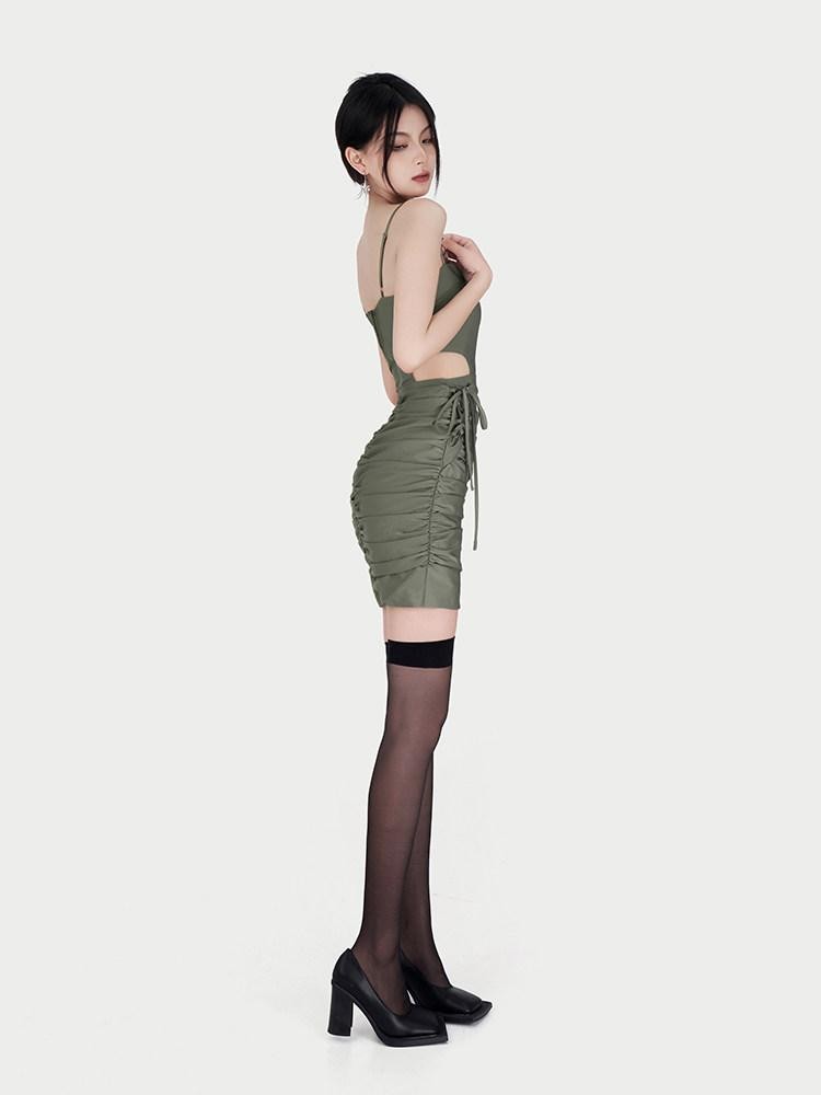 VOCK Satin Ruched Cutout High Waist Women's Polyester Bodycon Mini Dresses