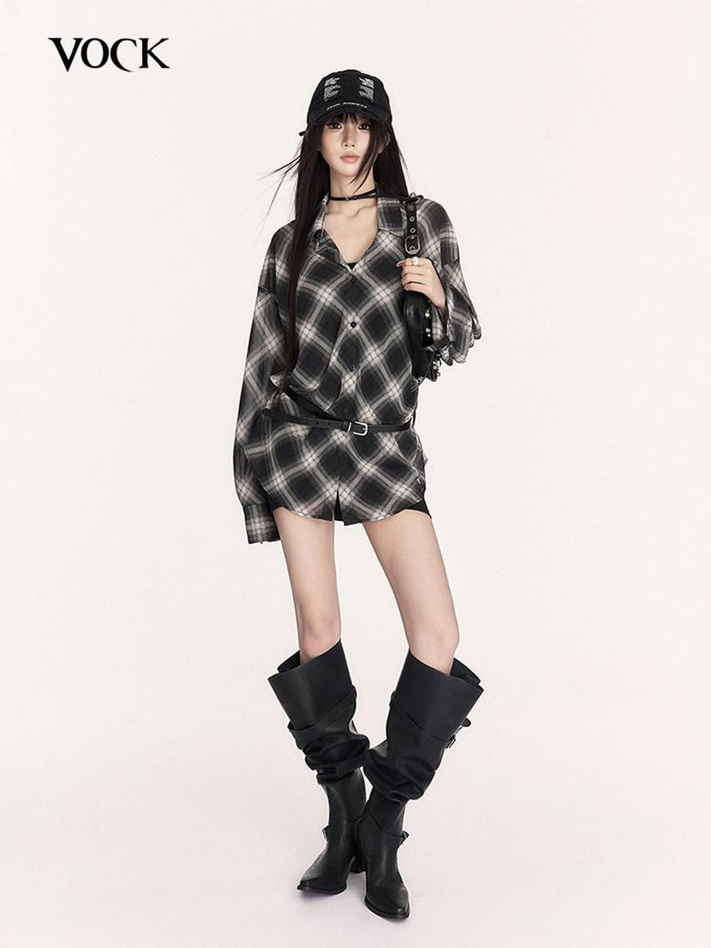 VOCK Sheer Plaid Polo Button Drop Shoulder Mid Length Women's Polyester Shirt Jackets