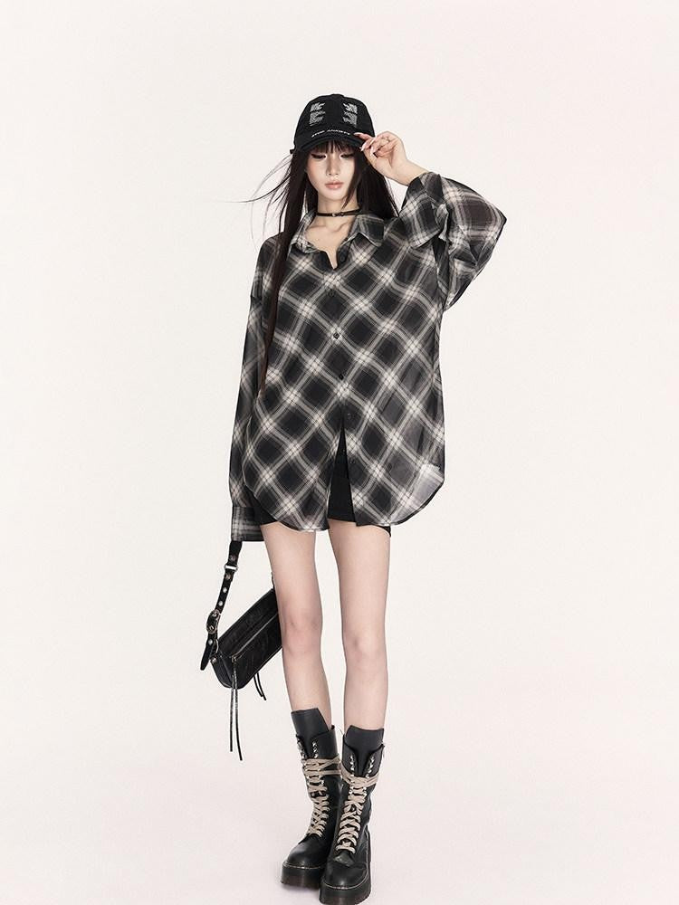 VOCK Sheer Plaid Polo Button Drop Shoulder Mid Length Women's Polyester Shirt Jackets