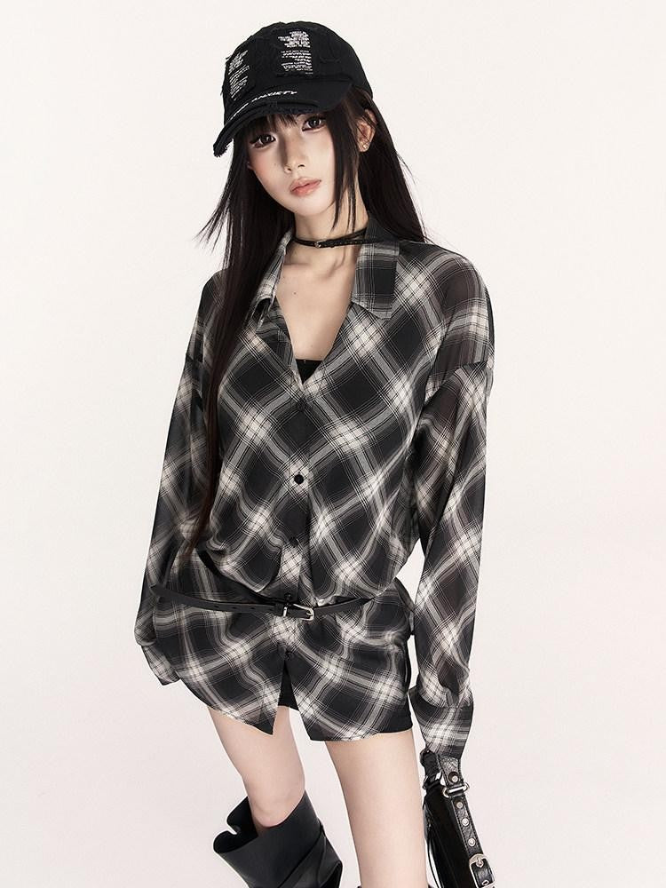 VOCK Sheer Plaid Polo Button Drop Shoulder Mid Length Women's Polyester Shirt Jackets