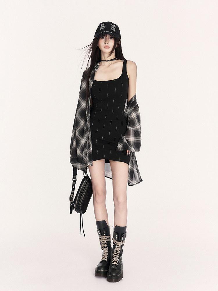 VOCK Sheer Plaid Polo Button Drop Shoulder Mid Length Women's Polyester Shirt Jackets