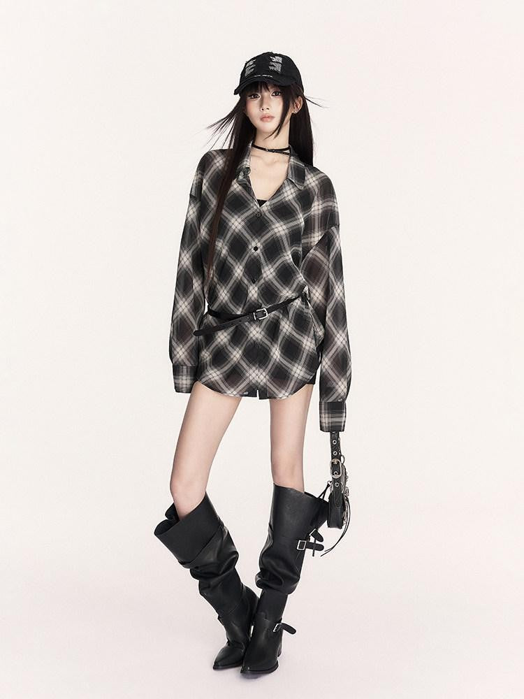 VOCK Sheer Plaid Polo Button Drop Shoulder Mid Length Women's Polyester Shirt Jackets