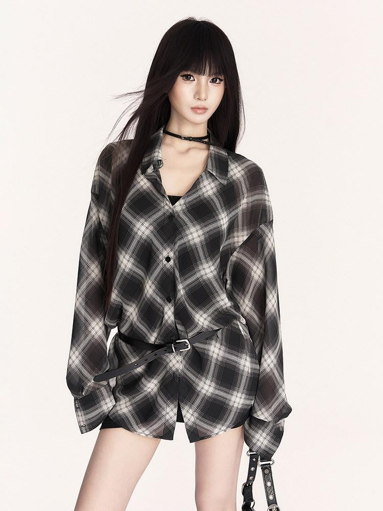 VOCK Sheer Plaid Polo Button Drop Shoulder Mid Length Women's Polyester Shirt Jackets