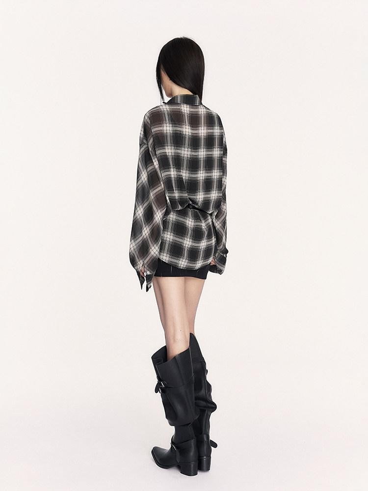 VOCK Sheer Plaid Polo Button Drop Shoulder Mid Length Women's Polyester Shirt Jackets