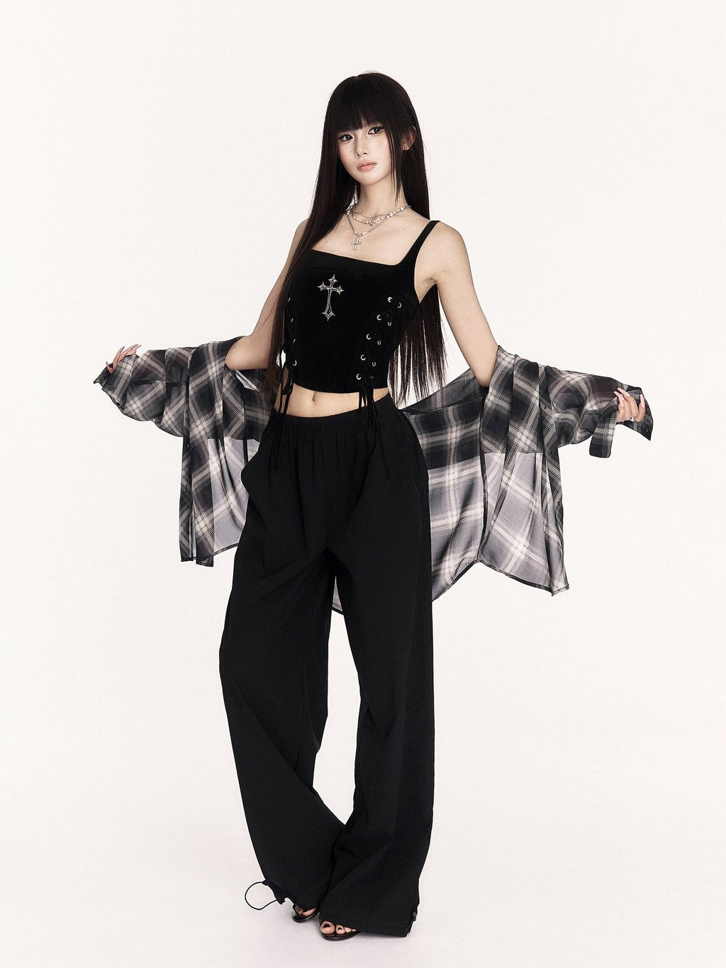 VOCK Sheer Plaid Polo Button Drop Shoulder Mid Length Women's Polyester Shirt Jackets