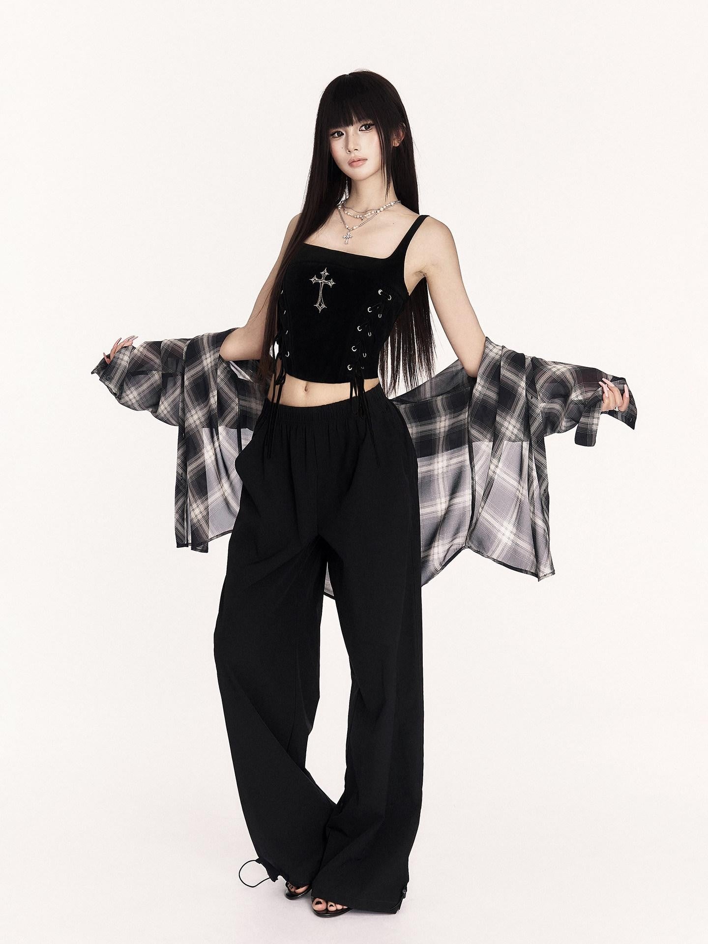 VOCK Sheer Plaid Polo Button Drop Shoulder Mid Length Women's Polyester Shirt Jackets
