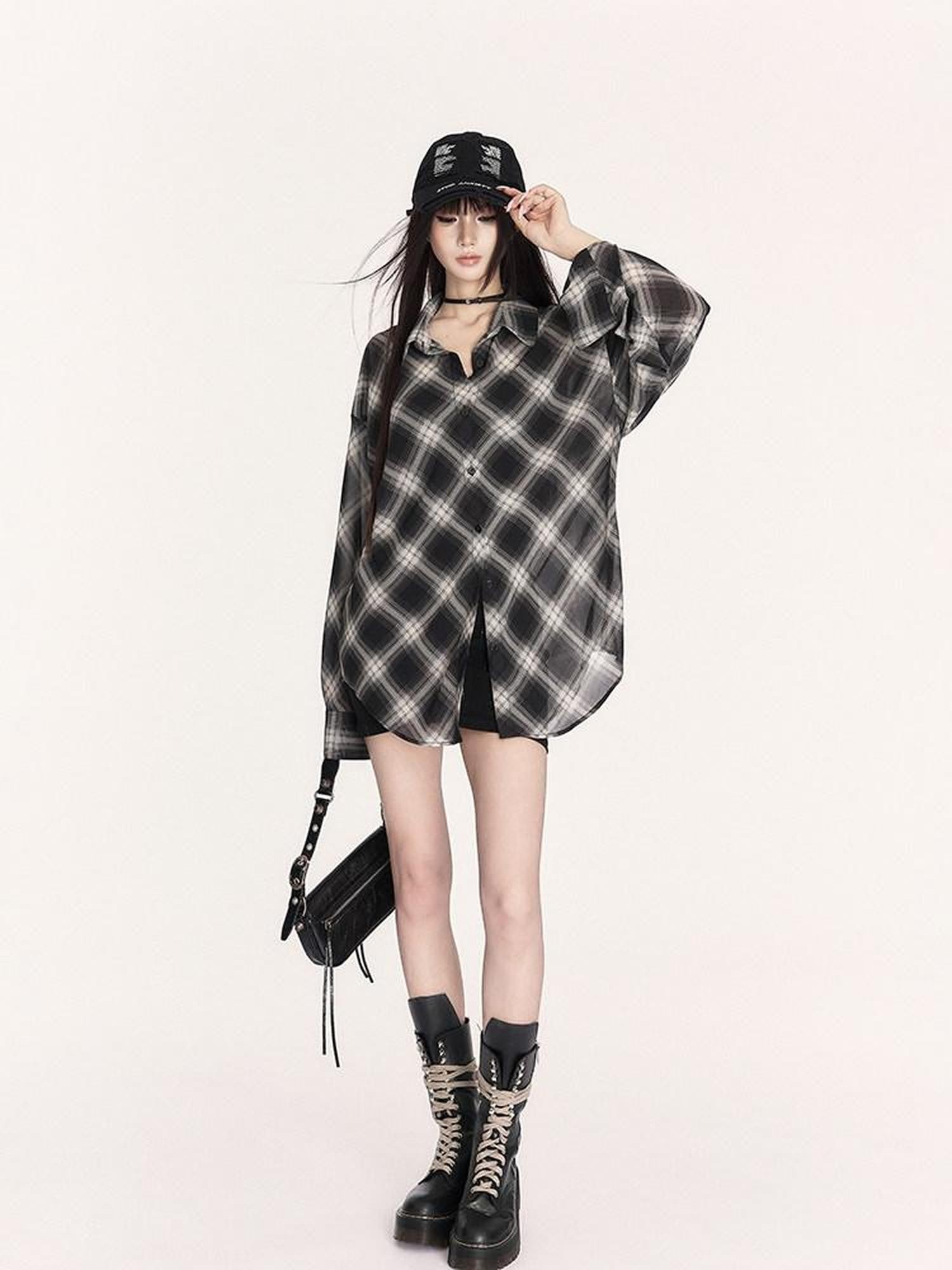 VOCK Sheer Plaid Polo Button Drop Shoulder Mid Length Women's Polyester Shirt Jackets