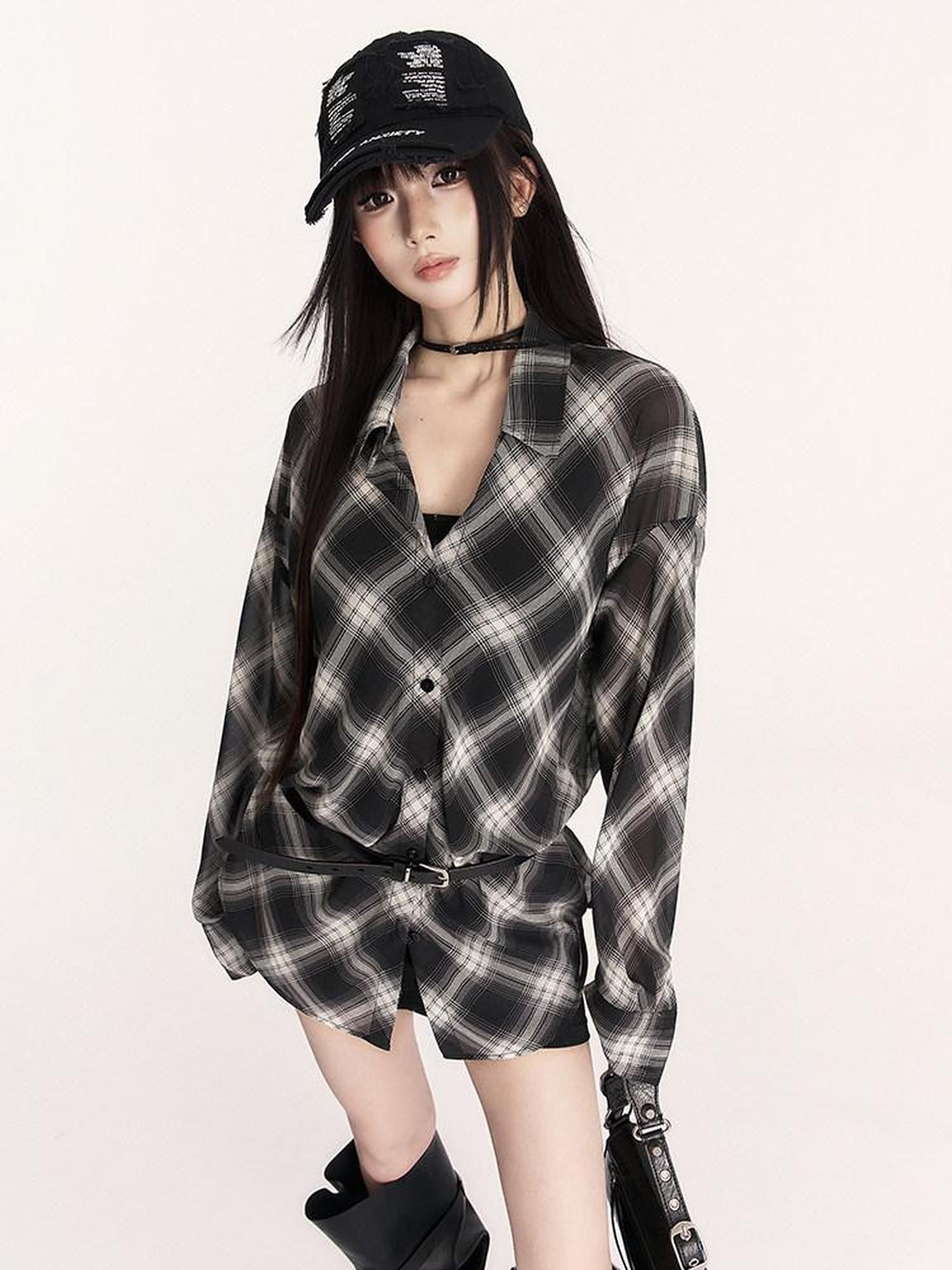 VOCK Sheer Plaid Polo Button Drop Shoulder Mid Length Women's Polyester Shirt Jackets