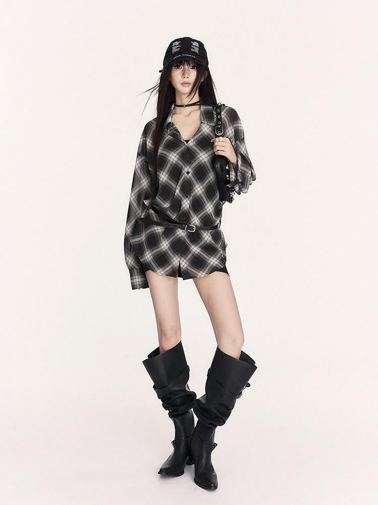 VOCK Sheer Plaid Polo Button Drop Shoulder Mid Length Women's Polyester Shirt Jackets