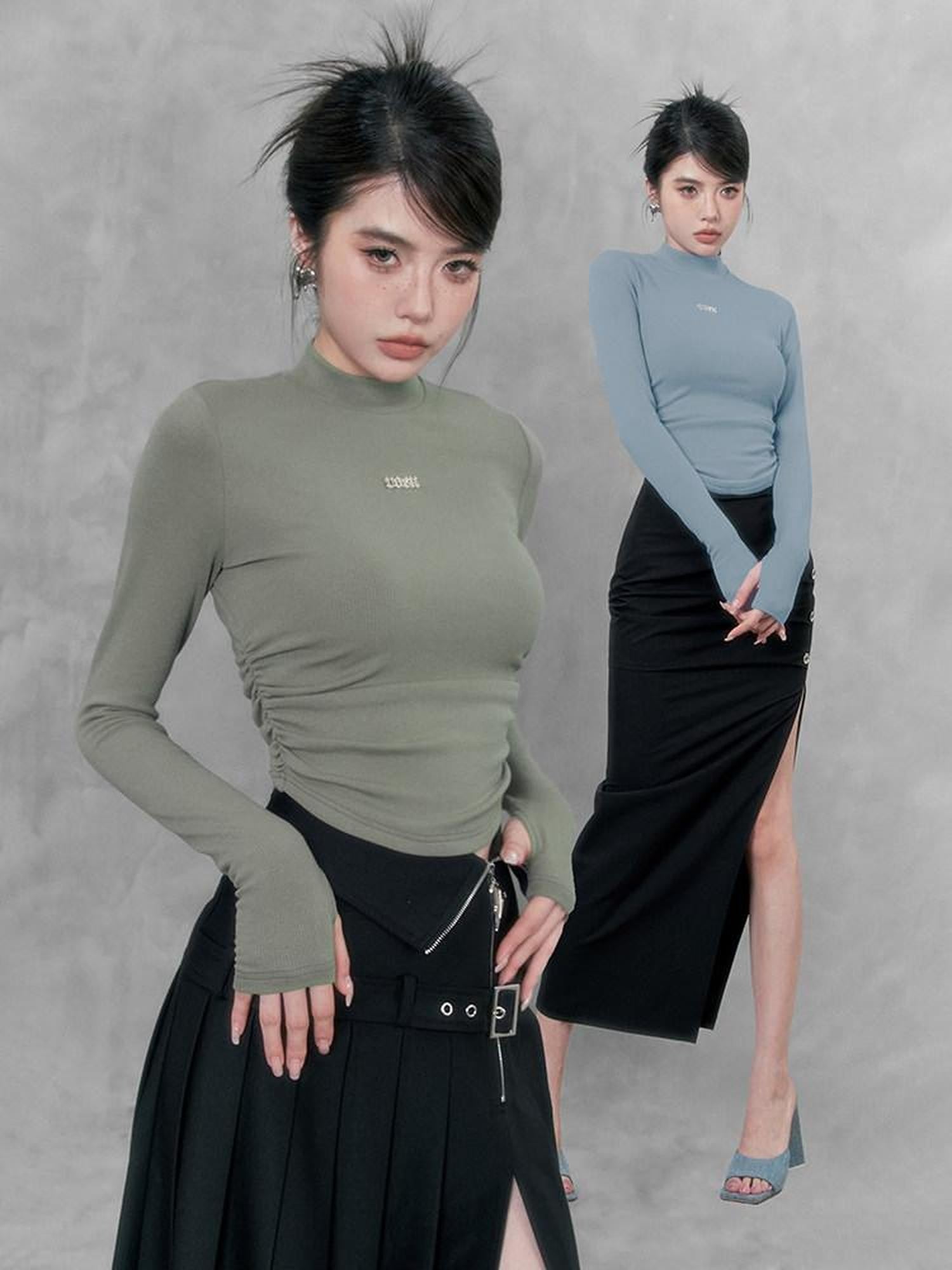 VOCK Soft Knit Slim Mockneck Metal Women's Cotton Blend Long Sleeve T-shirts
